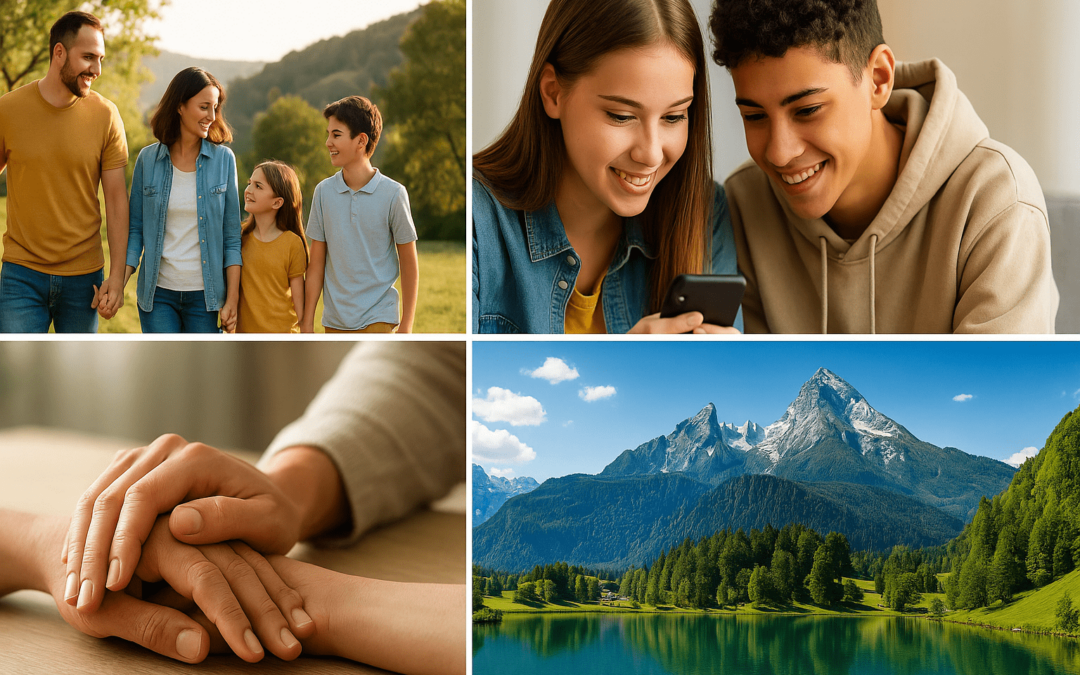 Collage aus vier Fotos: links oben eine Familie beim Spaziergang im Grünen, rechts oben zwei Jugendliche, die gemeinsam auf ein Smartphone schauen, links unten eine Hand, die tröstend auf einer anderen ruht, rechts unten eine idyllische Berg- und Seenlandschaft im Pinzgau.